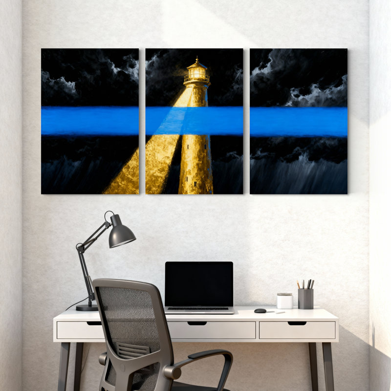 Phare, phare, ligne bleue, ciel nocturne, ensemble de 3 reproductions d'art sur toile, H 30 po x l 60 po