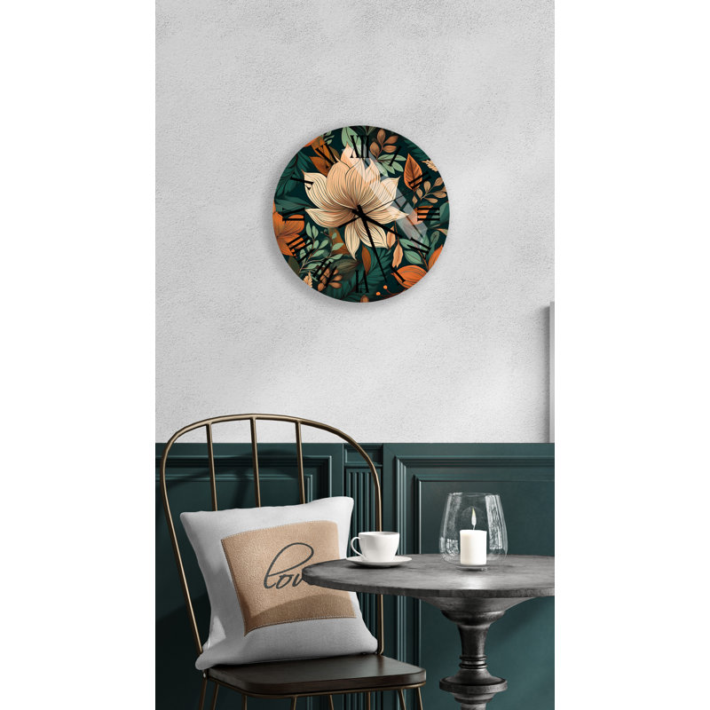 Horloge murale moderne en verre trempé avec fleurs de lotus, Noir