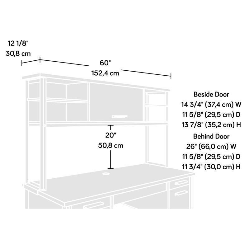 Bureau industriel avec abat-jour brun, porte tournante de style barrister pour le rangement caché des outils, 2 tablettes horizontales réglables, structure en métal thermolaqué, étagères à dossier fermé, bois d'ingénierie