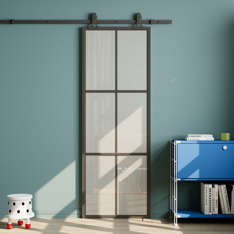 Porte de grange coulissante moderne en métal et en verre givré avec trousse de quincaillerie d'installation (fermeture en douceur incluse)