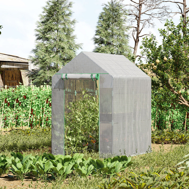 White Steel Walk-In Greenhouse with Shelves and Roll-Up Door