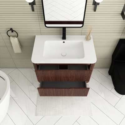 Ensemble de meuble-lavabo mural simple 30 po en noyer avec lavabo en céramique intégré