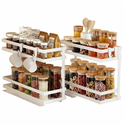 2 Tier Pull Out Spice Rack Organizer for Cabinet, Metal Seasoning Organizer Slide Out Spice Storage Shelf No Assembly Vertical Spice Rack Pullout No Drill, 2 Pack, (White)