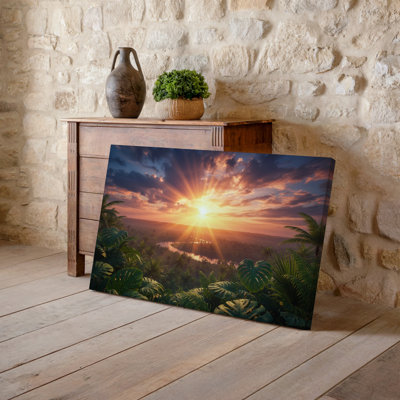 Canvas A Breathtaking Sunset Scene Featuring A Radiant Sun Breaking Through Wall Art Dense Dramatic Clouds Casting Vibrant Rays Of Canvas Wall Art
