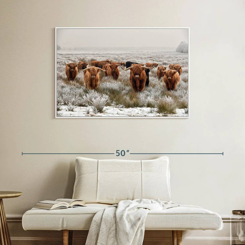 Winter Highland Cows, Floating Frame White, 40" X 27"
