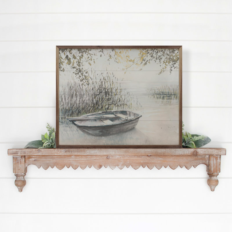 Bateau en bois sur un lac, H 24 po x l 30 po