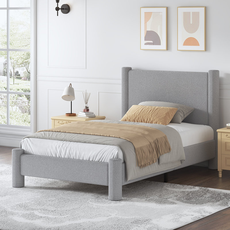 Lit plateforme tapissier Boucle, Gris, Simple