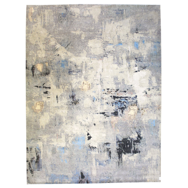 Tapis gris noué à la main de conception unique 9 pi x 12 pi New Age Uptown