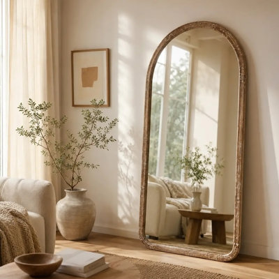 Miroir mural arqué pleine longueur avec cadre en bois de manguier, 36 x 72 po