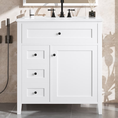 30" Freestanding Single Bathroom Vanity with Ceramic Sink, Soft-Close Doors, 3 Drawers, Adjustable Interior Shelf, Easy Assembly