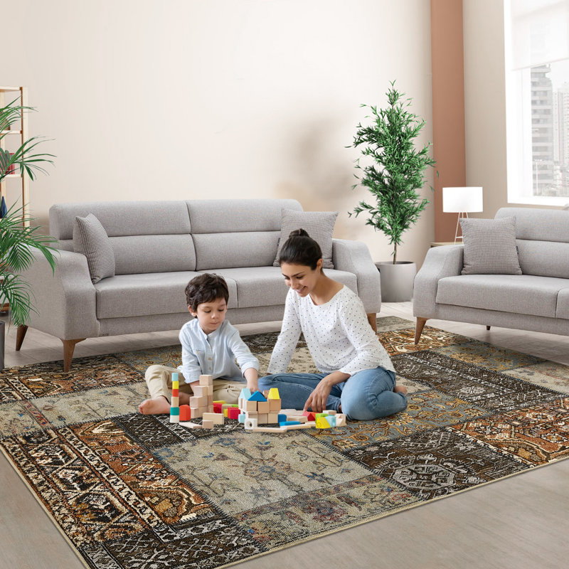 Tapis brun en polyester tissé à la machine Roran, Rectangle 3 pi x 5 pi