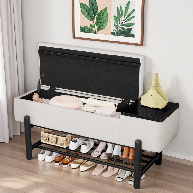 Upholstered Storage Bench With A Bottom Shelf, Black/Beige