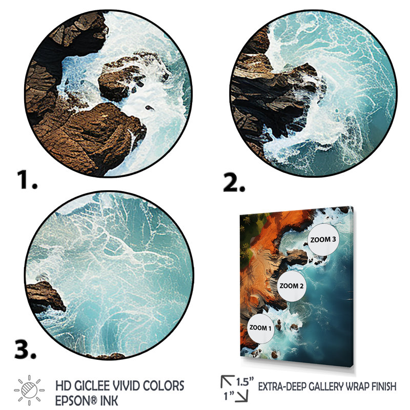 Vue aérienne de Rocky Beach I - plage, art mural, H 32 po x l 16 po x P 1 po, Cadre flottant noir