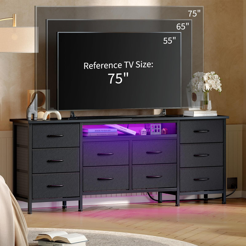 63" TV Stand Dresser for 65–75" TVs, Entertainment Center with 10 Drawers, Power Outlets & LED Lighting, Black