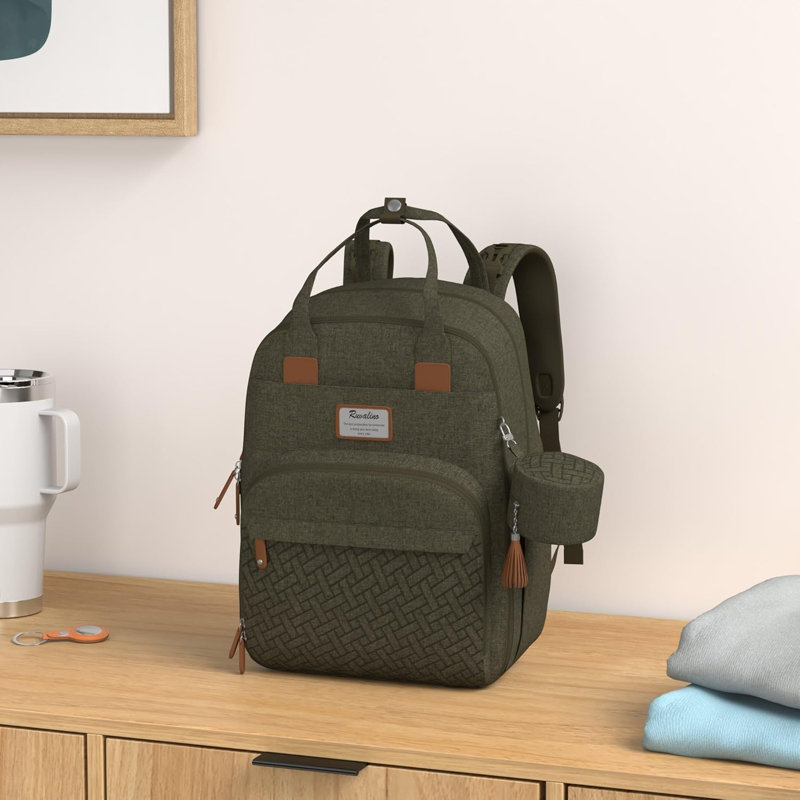  Grand sac à dos avec sac à couches, sac de voyage imperméable pour bébé avec matelas à langer et sangles de poussette, vert olive