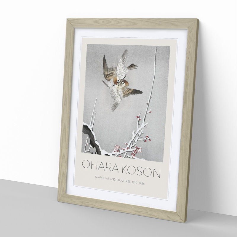 Sparrows & Plum Tree by Ohara Koson - Single Picture Frame Print, 36cm H x 27cm W x 2cm D, Oak Framed