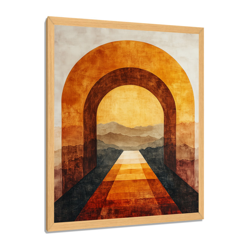 Perspective d'arche moderne orange et noire I - Tableau abstrait transitionnel encadré, H 44 po x l 34 po