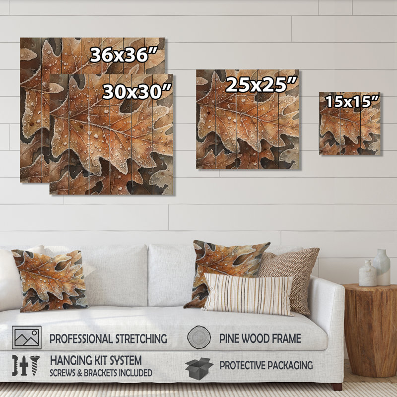 Frosty Oak Leaf III - feuilles, art mural sur bois de pin naturel, H 36 po x l 36 po