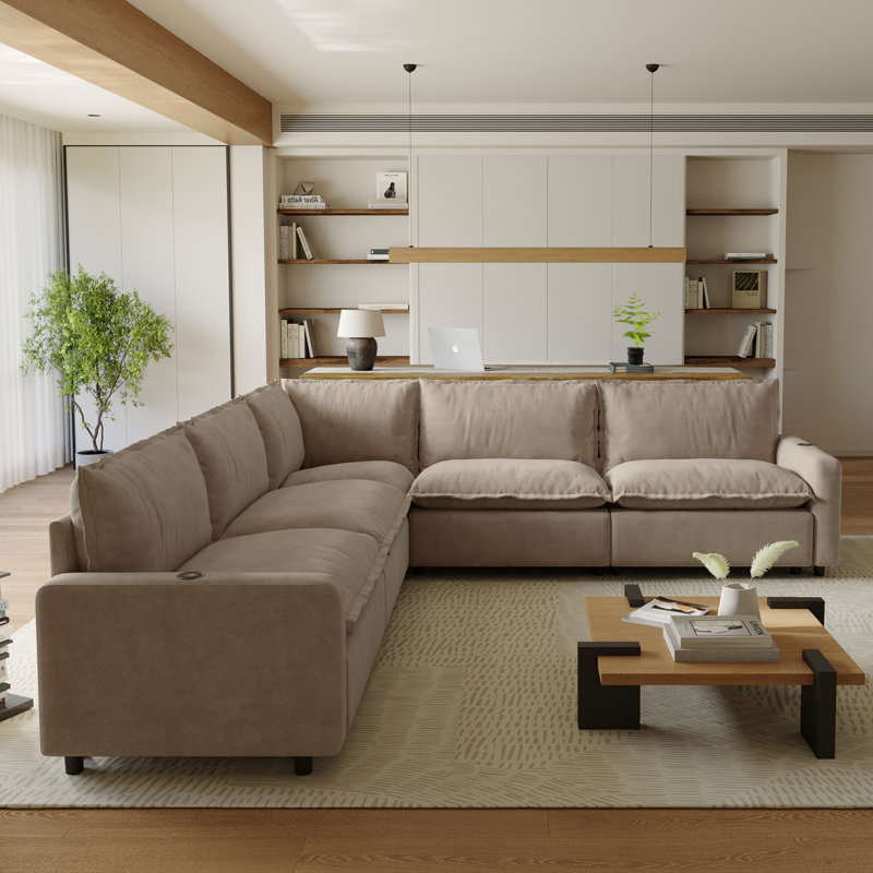 Moncada 5-Piece Modular Linen V-Shaped Power Reclining Sectional With Zero-Gravity And Heated Seats, Khaki Linen