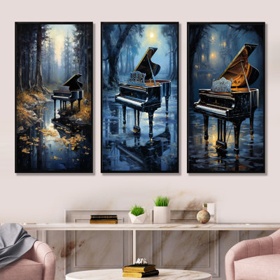 «Piano Forest Reflection - Music Piano», ensemble de 3 reproductions d'art sur toile