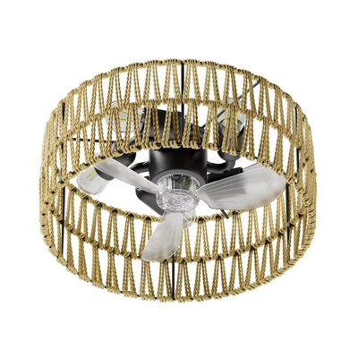 Ventilateur de plafond Boho Rattan Cage avec lumière, ventilateur encastré à profil bas avec télécommande, conception moderne en macramé pour chambre à coucher, salon et cuisine