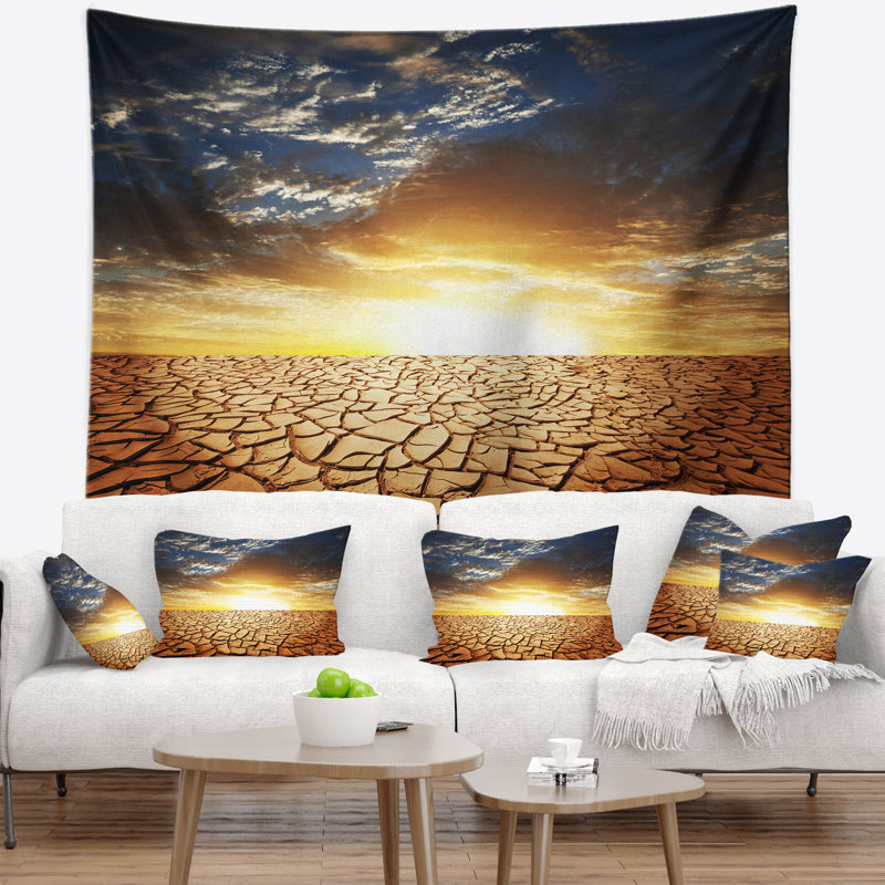 Paysage, sécheresse, terre, tapisserie, coucher de soleil, H 32 po x l 39 po