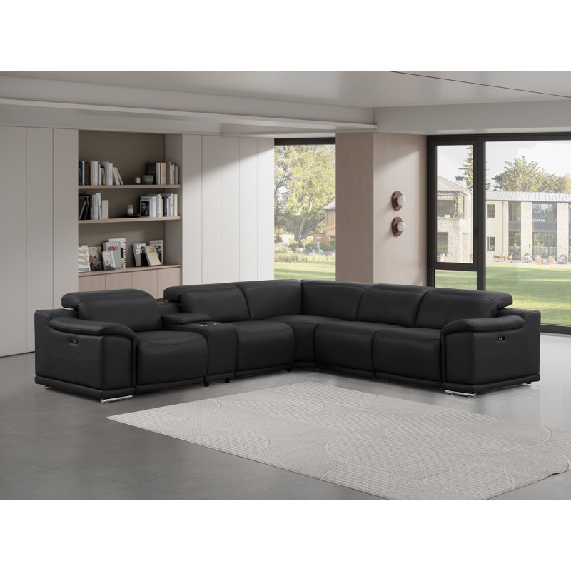 6-Piece L-Shaped Power Reclining Sectional In Genuine Leather – 3 Recliners, Black Top Grain Leather