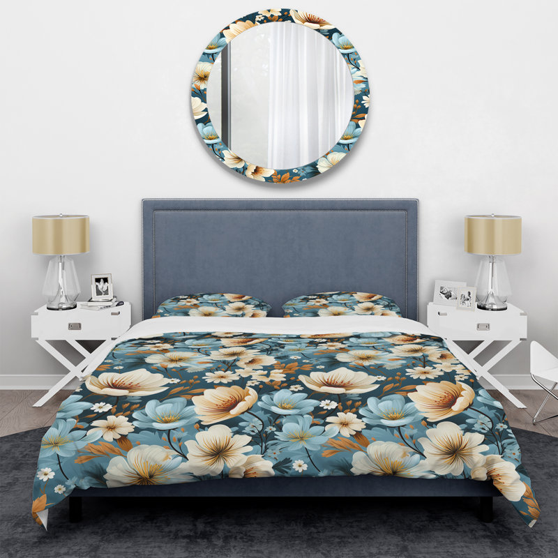 Ensemble de housse de couette à motif floral bleu rétro Finesse IV, Housse de couette pour très grand lit et 2 très