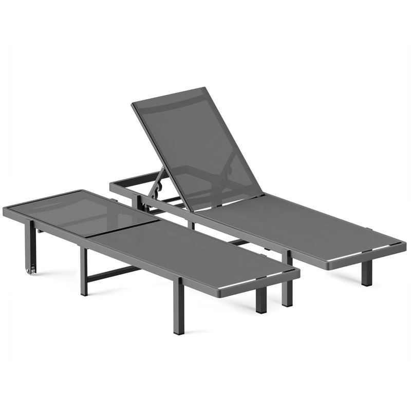 Outdoor 5-Position Adjustable Aluminum Rolling Recliner Waterproof Breathable Lounge Chair With Silent Casters, Gray