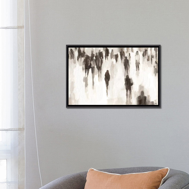 Reproduction d’art, "commuters I" par Ethan Harper, Encadrement noir décoloré, H 18 po x l 26 po x P 1,5 po, Pas de tapis