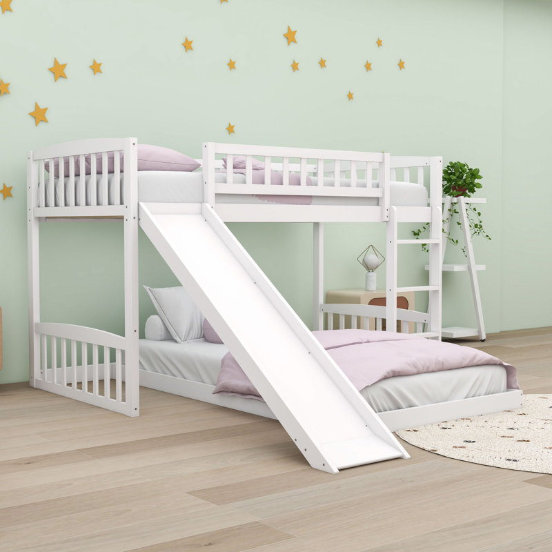 Twin Over Twin L-Shaped Bunk Beds With Slide, White