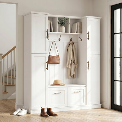 80'' Hall Tree With Bench And 4 Storage Cabinets, Large Mudroom Entryway Organizer With 5 Coat Hooks & Adjustable Shelves