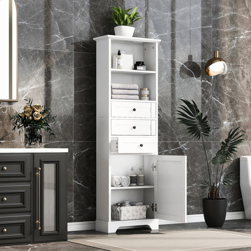 Grande armoire en blanc - 3 tiroirs, tablettes réglables, idéale pour le rangement dans le salon avec tiroirs et tablettes