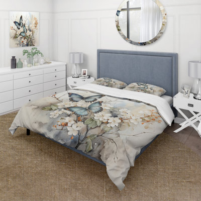 Blue White Butterfly Glimpse Of Serendipity - Butterfly 4 Pcs Comforter Set