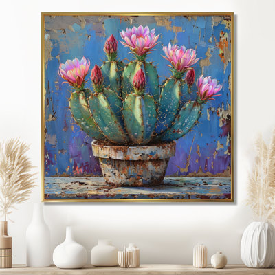 Pink Cactus In Desert Pottery - Floral Cactus Wall Art Print
