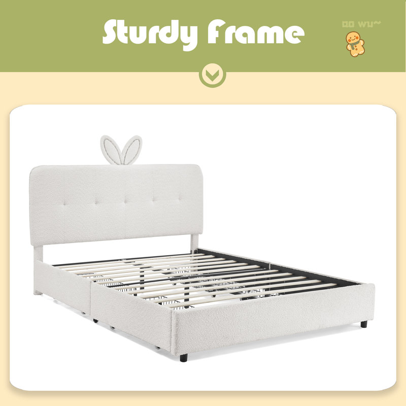 Lit tapissier pour enfants avec tête de lit surdimensionnée, lumière DEL et 4 tiroirs de rangement, tissu Boucle, Lit double