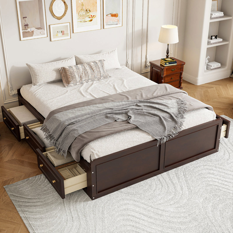 Structure de lit plateforme en bois avec 6 tiroirs, Espresso
