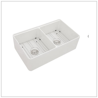 White Farmhouse Sink Workstation - 33 Inch White Ceramic Double Bowl Farm Kitchen Sink