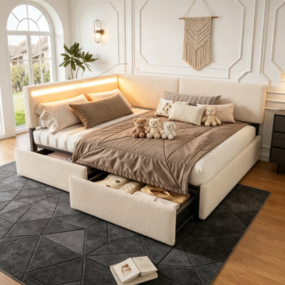 Upholstered Daybed with USB Charging and Storage Drawers, Cloud Daybed Sofa Bed with LED Headboard and Metal Frame for Small Space Living Room Guest Room, Beige, Twin Size