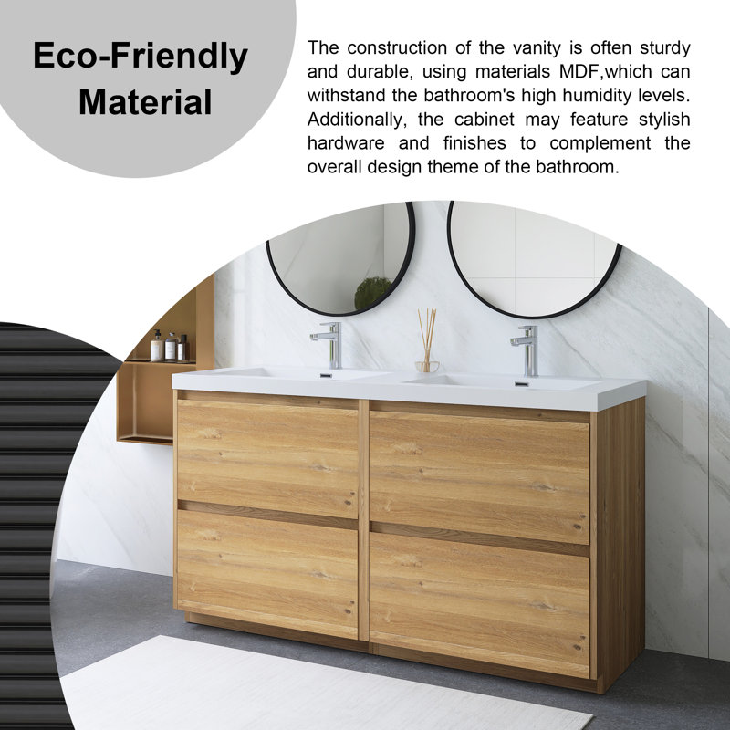 Meuble-lavabo double 60 po en chêne avec plateau en résine intégré, Chêne naturel