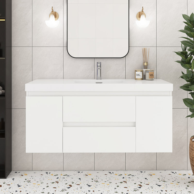 48'' Wall-Mounted Single Bathroom Vanity With Integrated Resin Top, White
