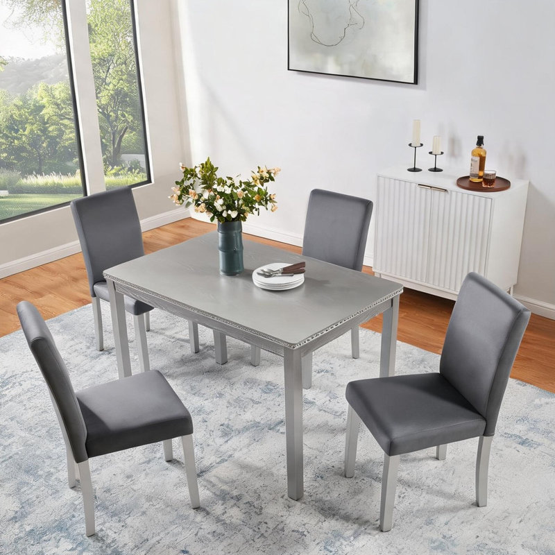 Ensemble de salle à manger 5 pièces avec table rectangulaire et chaises rembourrées en gris neutre, bois d'acacia et panneau de fibres à densité moyenne, compact pour les petits espaces