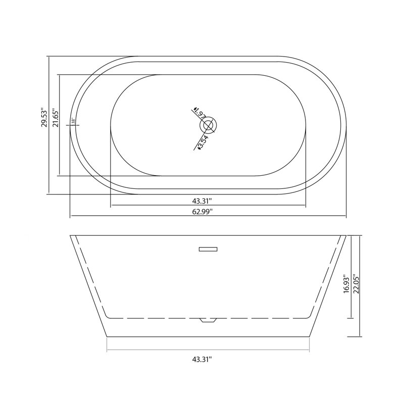 Baignoire de trempage autoportante en acrylique de forme ovale contemporaine L 63 po x l 30 po. Baignoire autoportante avec drain pour salle de bain principale blanc brillant