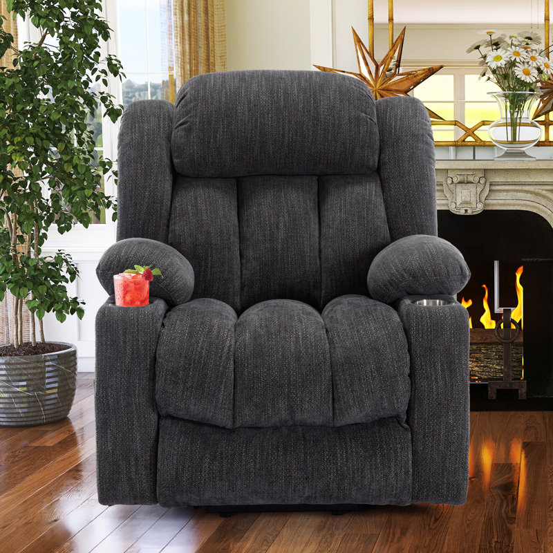 Karelin 34.6"W Chenille Lift Chair Power Recliner, Massage, Heater, USB Ports, Gray