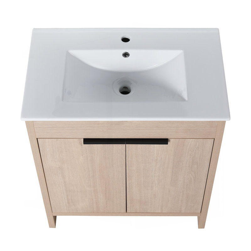 Meuble-lavabo autoportant de 30 pouces avec lavabo en céramique blanche et 2 portes d'armoire à fermeture en douceur, 30"