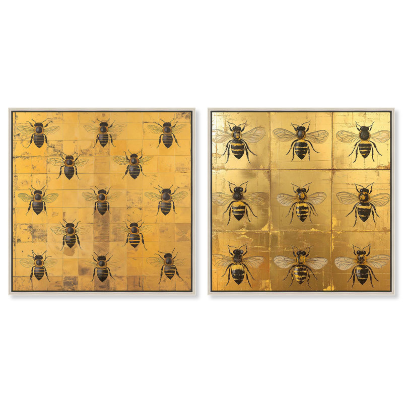 Bees doré ensemble de 2 ensembles de décorations murales sur toile par Art Remedy, H 20 po x l 20 po, Cadre argenté flottant