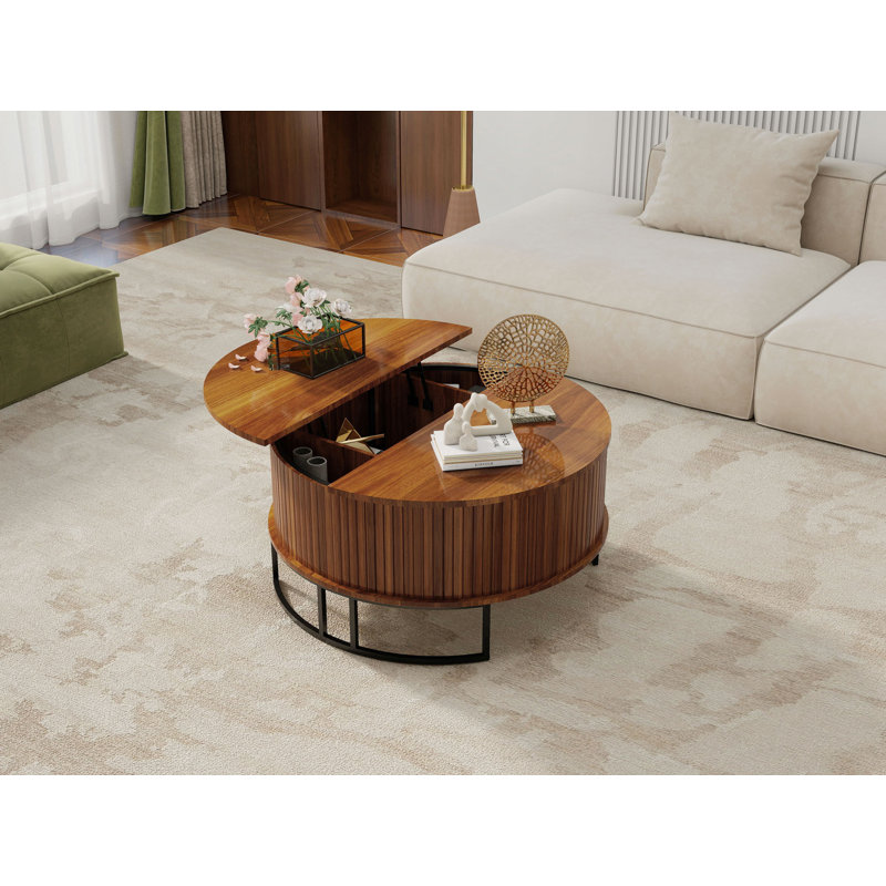 Table basse ronde de 31,5 po avec rangement, table centrale à plateau relevable cannelé, table courbée moderne à bascule pour salon