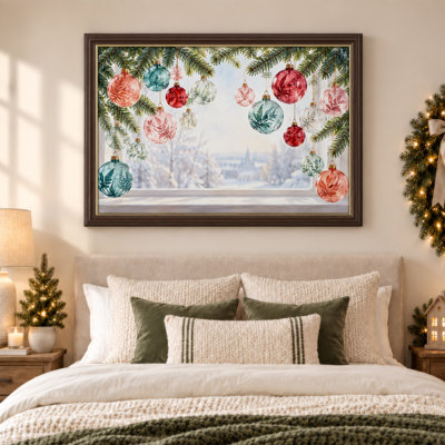 " Red and Teal Glass Ornaments with Leaves on Pine Christmas " Painting