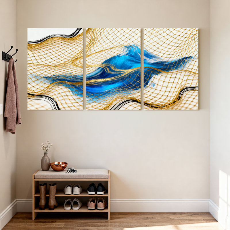 «Golden Net Blue Wave», ensemble de 3 reproductions d'art sur toile, H 18 po x l 36 po