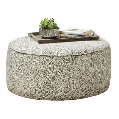 Transitional Style Round Upholstery Ottoman Welt Trim Paisley Pattern Multi Finish